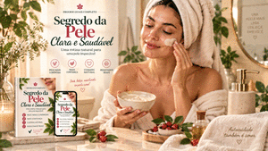 Animação da receita de autocuidado Segredo da Pele Clara e Saudável: aplicação da máscara facial na pele, ebook e celular mostrando a rotina de cuidados com ingredientes naturais para áreas específicas.